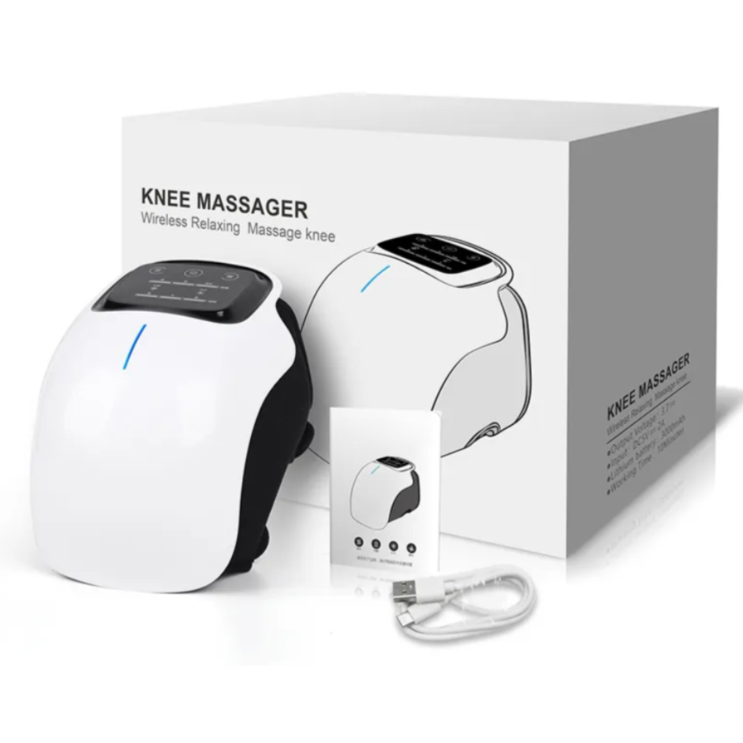 Knæmassager med oplader og tilbehør klar til brug derhjemme
