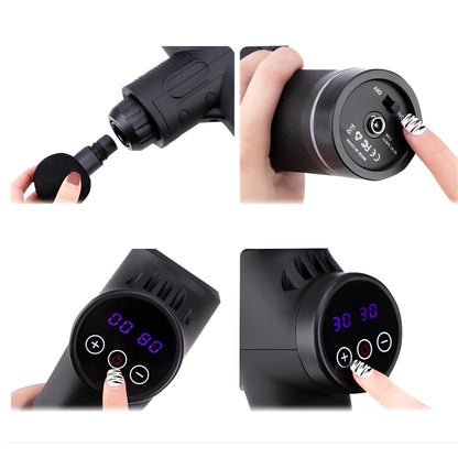 Massagepistol i brug med justerbar hastighed og forskellige massagefunktioner